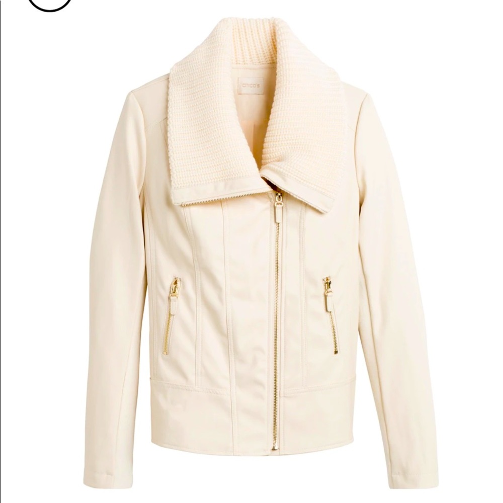 Chico’s Cream Sweater Collar Faux-Leather Jacket